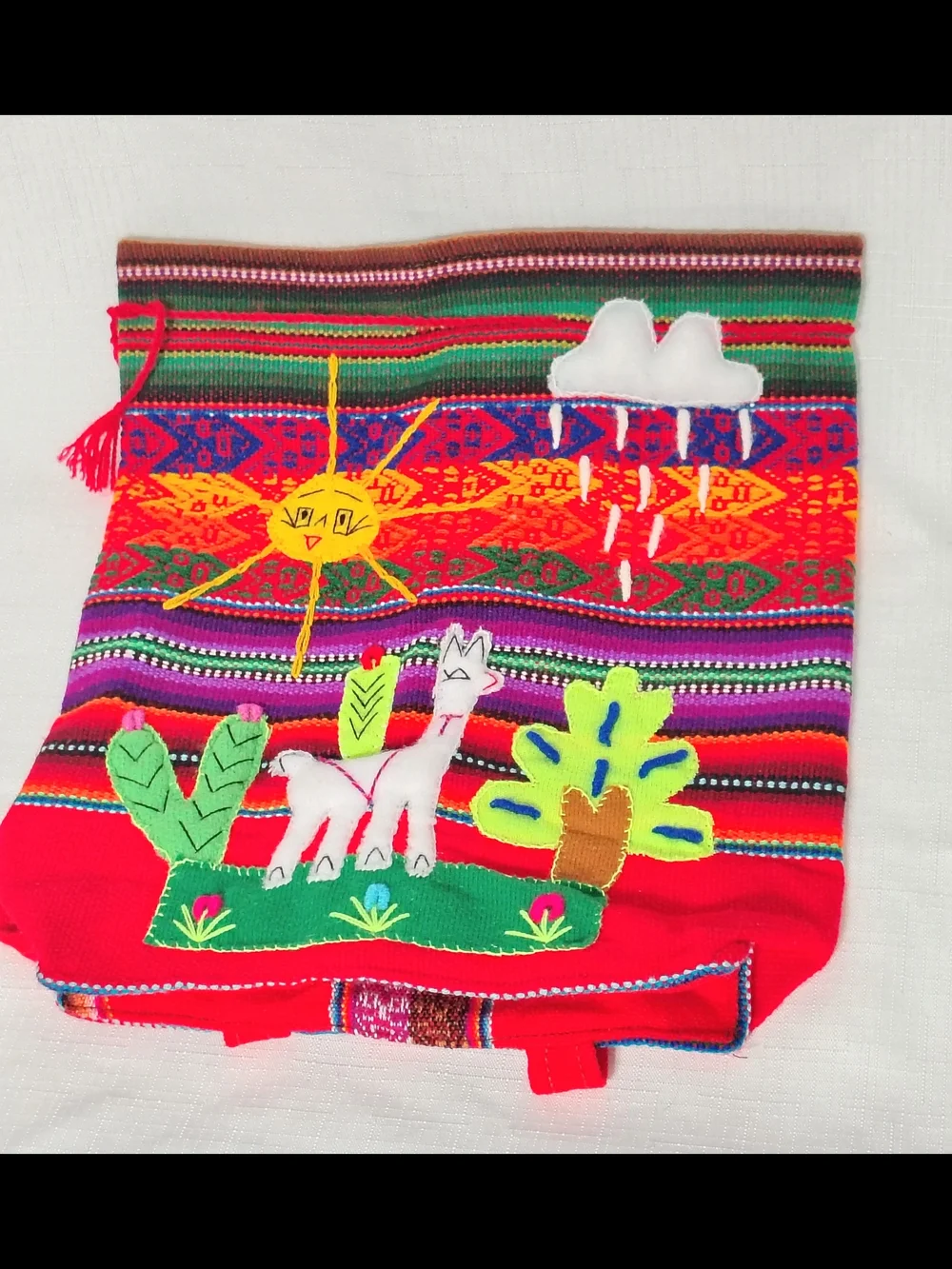Peruvian Child's Backpack Woven Red Wool With Embroidery Colorful Alpaca & Sun